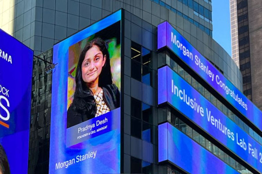 Advocat.ai founder Pradnya Desh Appears on screen in TimesSquare as she wrapped up Morgan Stanley Demo Day